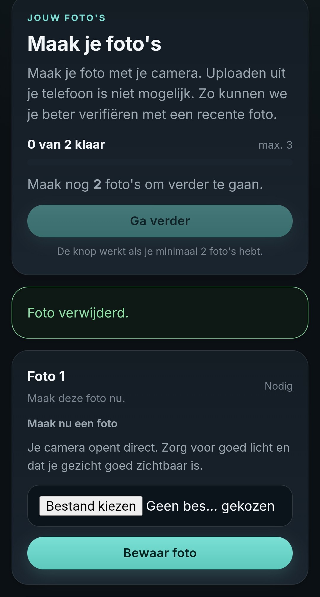 Fotoscherm: minimaal twee live foto’s met de camera, uploaden uit de telefoon is niet mogelijk.